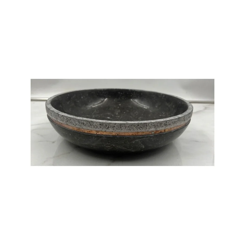 Tahari Home Marble Decorative Bowl Black Stone Copper Inlay Centerpiece 10in